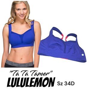 Lululemon Sz 34D Ta Ta Tamer Pigment Blue Adjustable Back Closure Logo Gym Bra